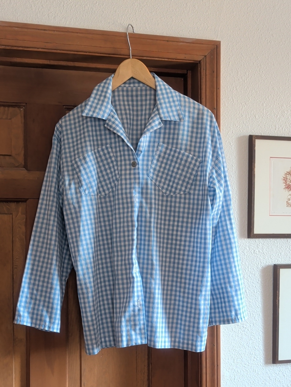 Vintage Women's Light Blue Gingham Button-Up Shirt